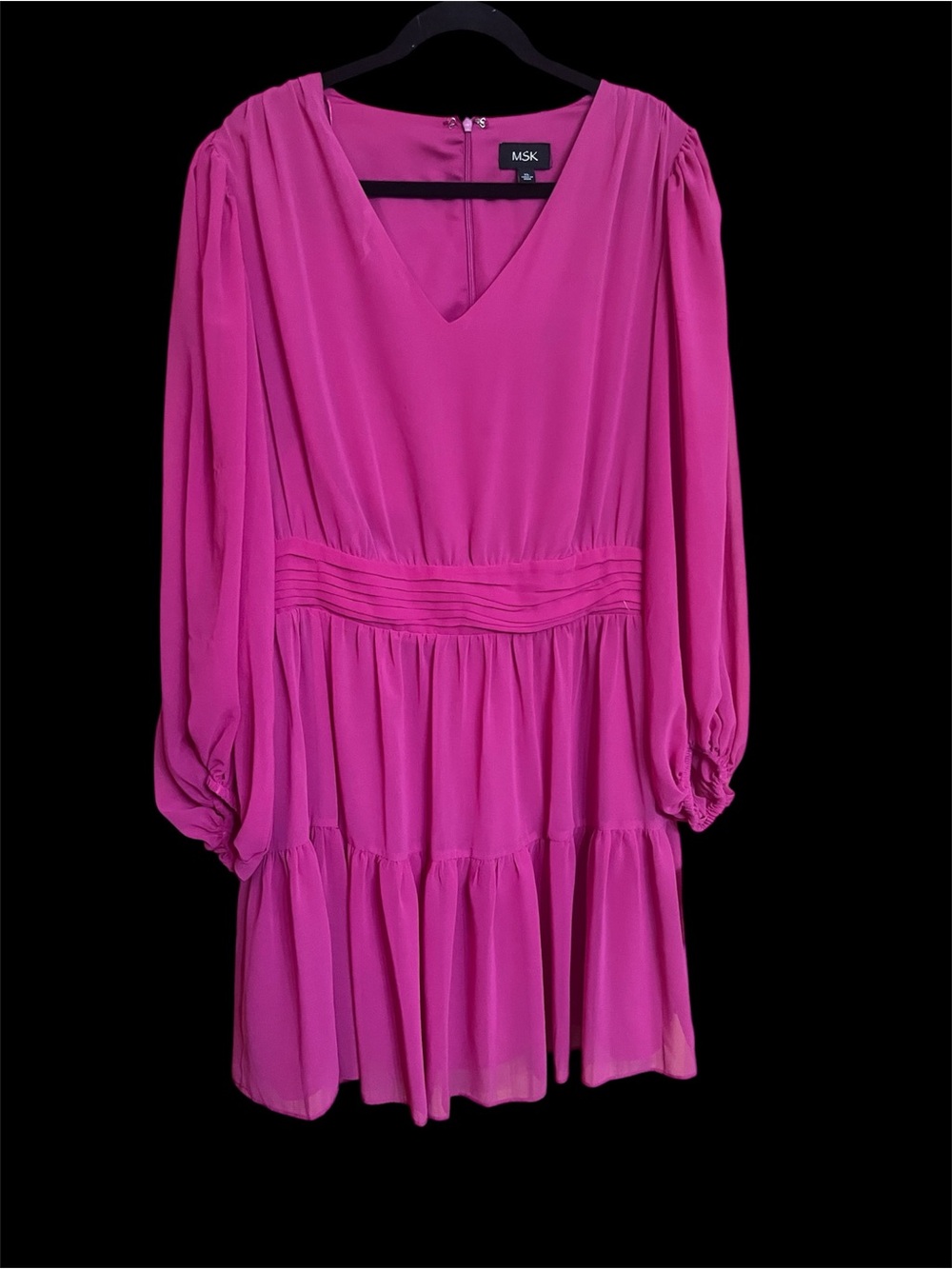 MSK Vibrant Pink V-Neck Tiered Long Sleeve Dress